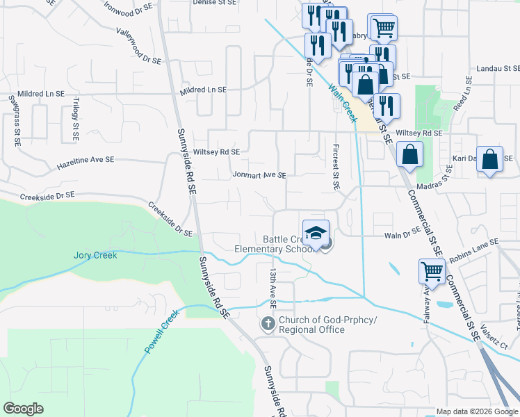 map of restaurants, bars, coffee shops, grocery stores, and more near 1307 Madras Street Southeast in Salem