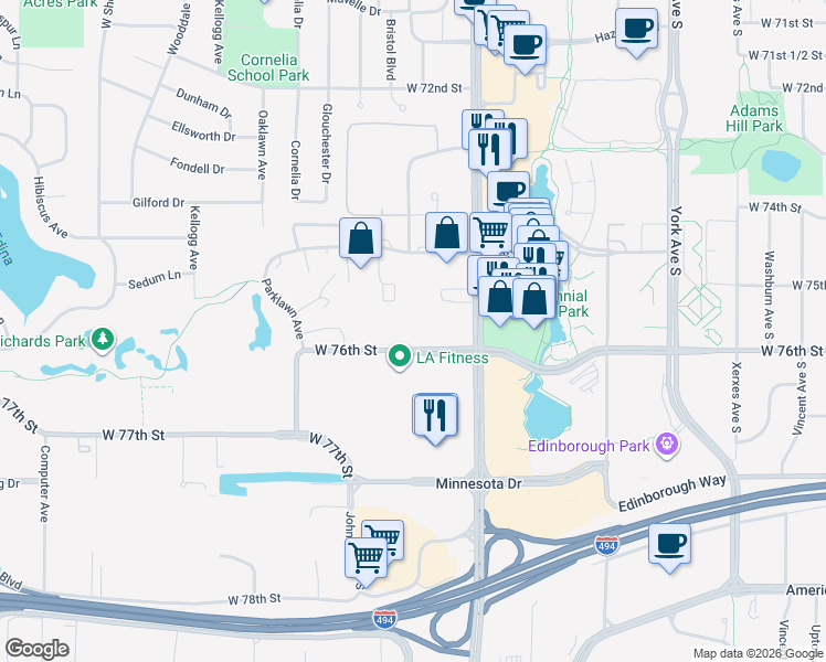 map of restaurants, bars, coffee shops, grocery stores, and more near 4100 West 76th Street in Minneapolis