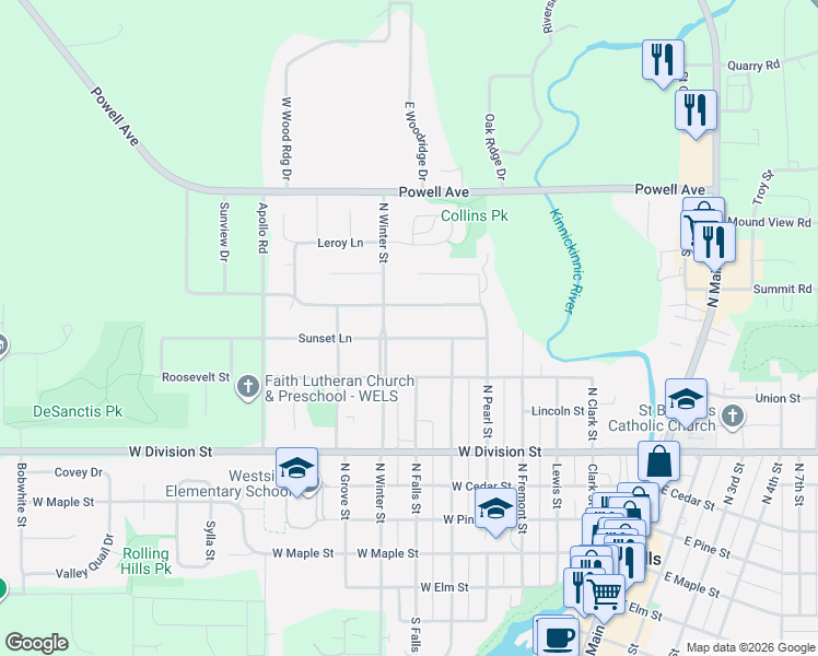 map of restaurants, bars, coffee shops, grocery stores, and more near 642 Pine Ridge Terrace in River Falls