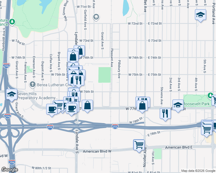 map of restaurants, bars, coffee shops, grocery stores, and more near 7526 Pleasant Avenue in Minneapolis