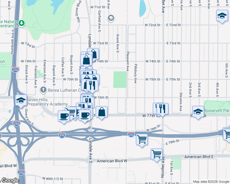 map of restaurants, bars, coffee shops, grocery stores, and more near 7526 Grand Avenue South in Minneapolis