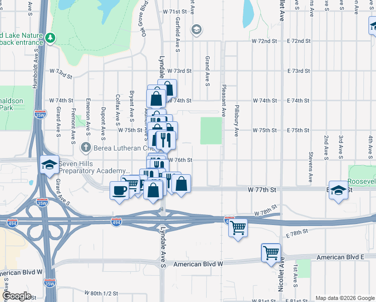 map of restaurants, bars, coffee shops, grocery stores, and more near 7526 Harriet Avenue in Minneapolis