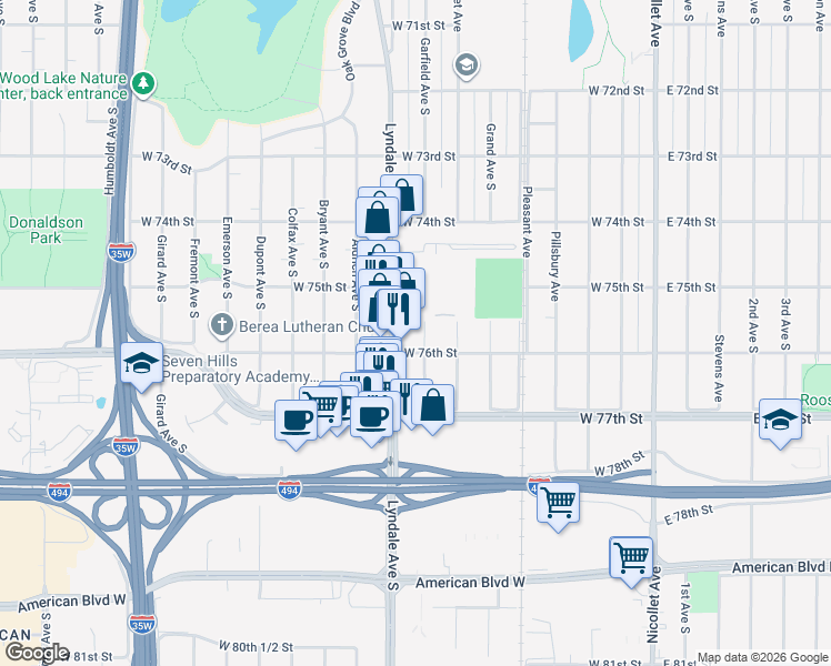 map of restaurants, bars, coffee shops, grocery stores, and more near 7529 Lyndale Avenue South in Richfield