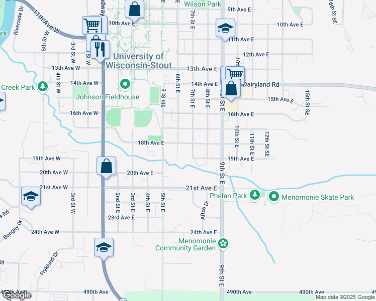 map of restaurants, bars, coffee shops, grocery stores, and more near 1802 6th Street East in Menomonie
