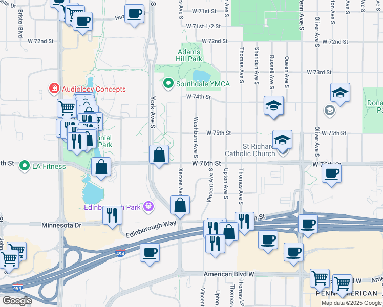 map of restaurants, bars, coffee shops, grocery stores, and more near 7520 Washburn Avenue South in Minneapolis