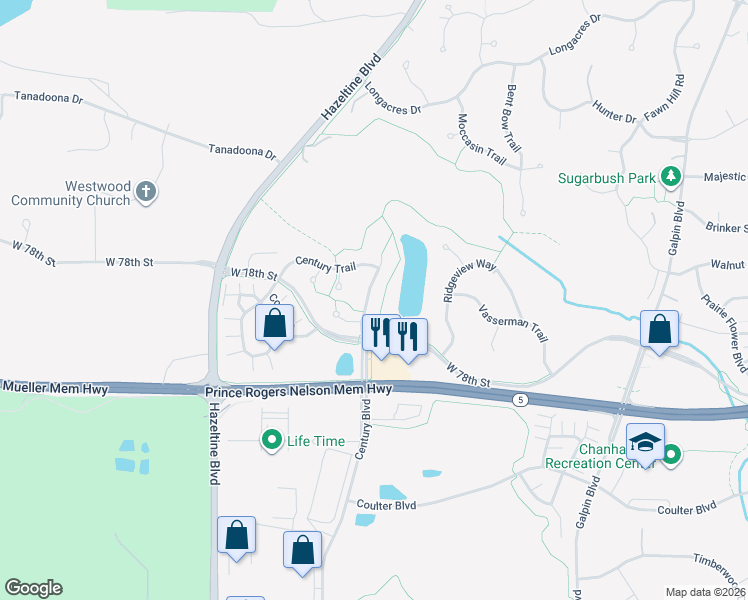 map of restaurants, bars, coffee shops, grocery stores, and more near 7652 Century Boulevard in Chanhassen