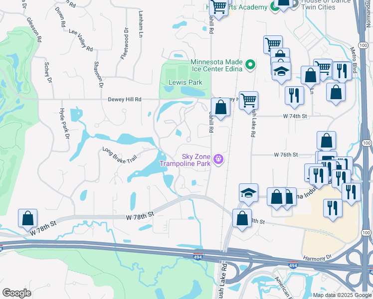 map of restaurants, bars, coffee shops, grocery stores, and more near 5555 Dewey Hill Road in Minneapolis