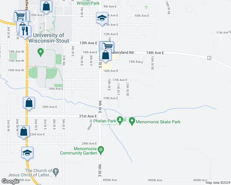 map of restaurants, bars, coffee shops, grocery stores, and more near 1811 11th Street East in Menomonie