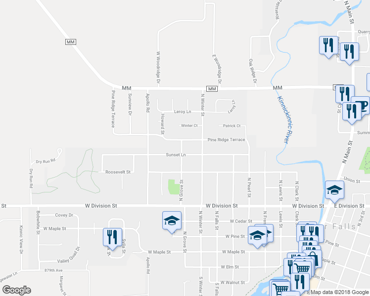 map of restaurants, bars, coffee shops, grocery stores, and more near 704 North Grove Street in River Falls