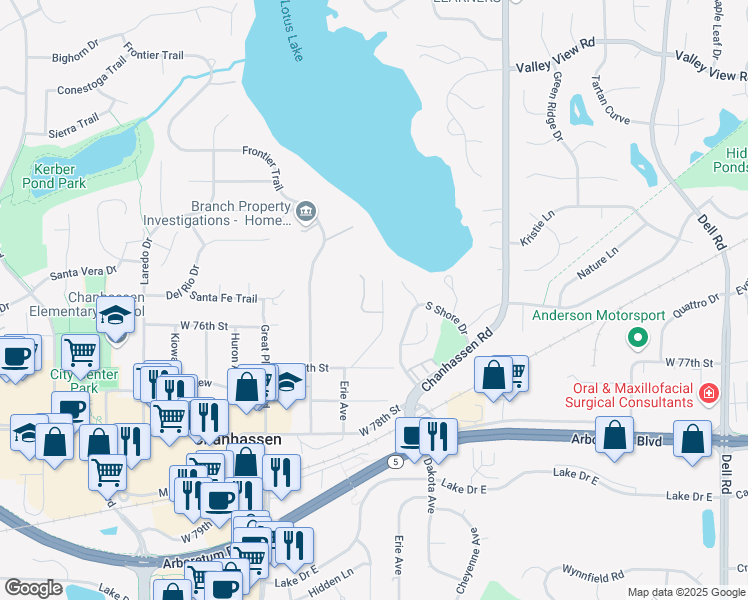 map of restaurants, bars, coffee shops, grocery stores, and more near 7510 Erie Avenue in Chanhassen
