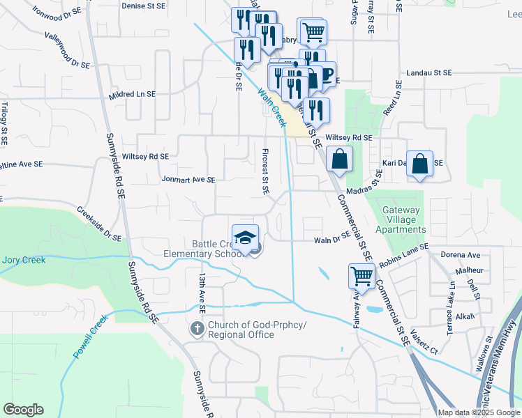 map of restaurants, bars, coffee shops, grocery stores, and more near 1580 Fircrest Court Southeast in Salem