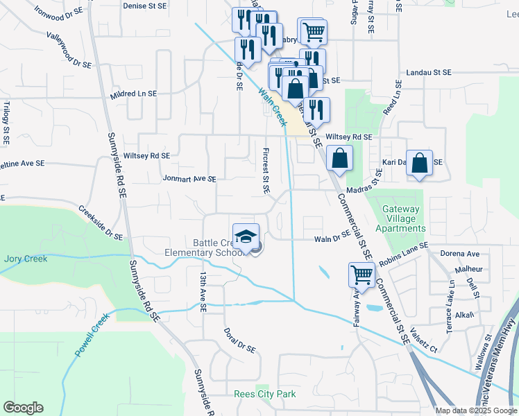 map of restaurants, bars, coffee shops, grocery stores, and more near 1580 Fircrest Court Southeast in Salem