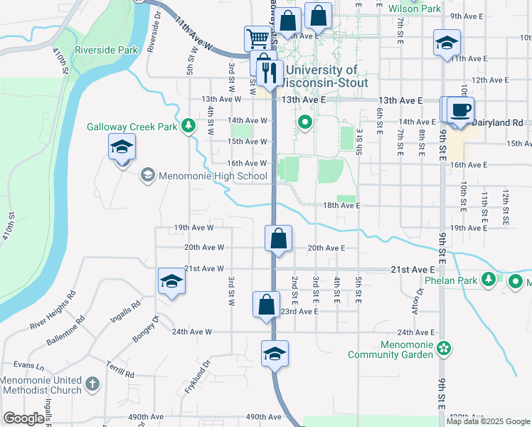 map of restaurants, bars, coffee shops, grocery stores, and more near 1721 Broadway Street South in Menomonie