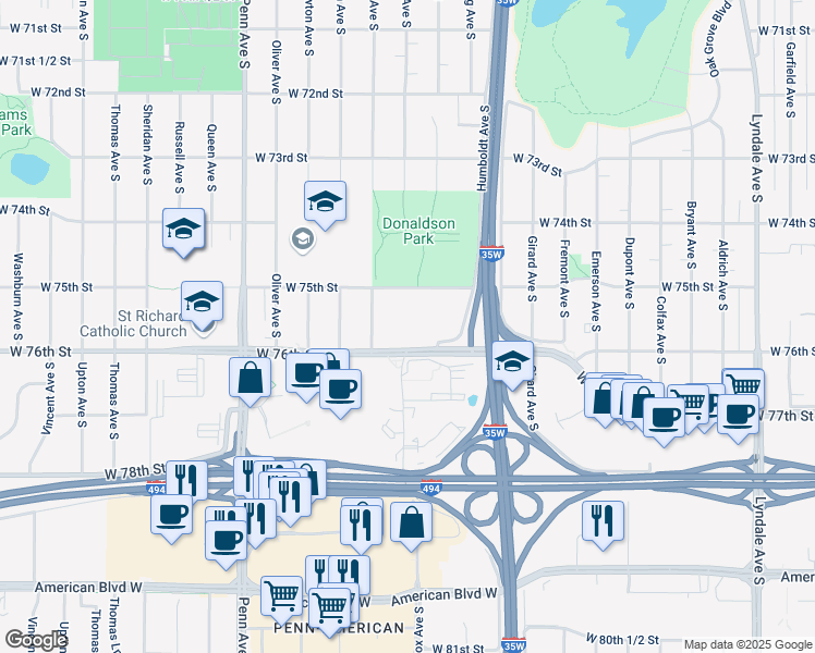 map of restaurants, bars, coffee shops, grocery stores, and more near 1700 West 76th Street in Richfield