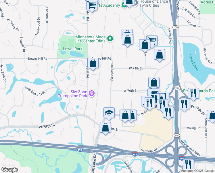 map of restaurants, bars, coffee shops, grocery stores, and more near 7540 Bush Lake Road in Minneapolis