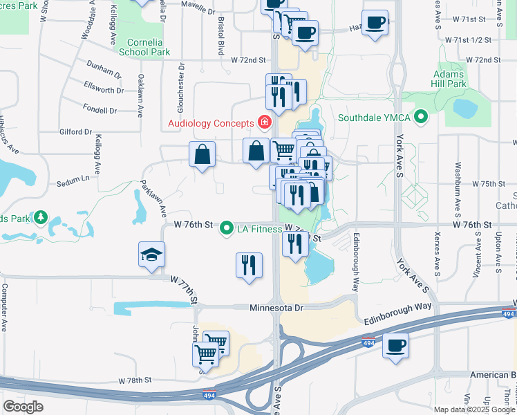 map of restaurants, bars, coffee shops, grocery stores, and more near 7550 France Avenue South in Minneapolis