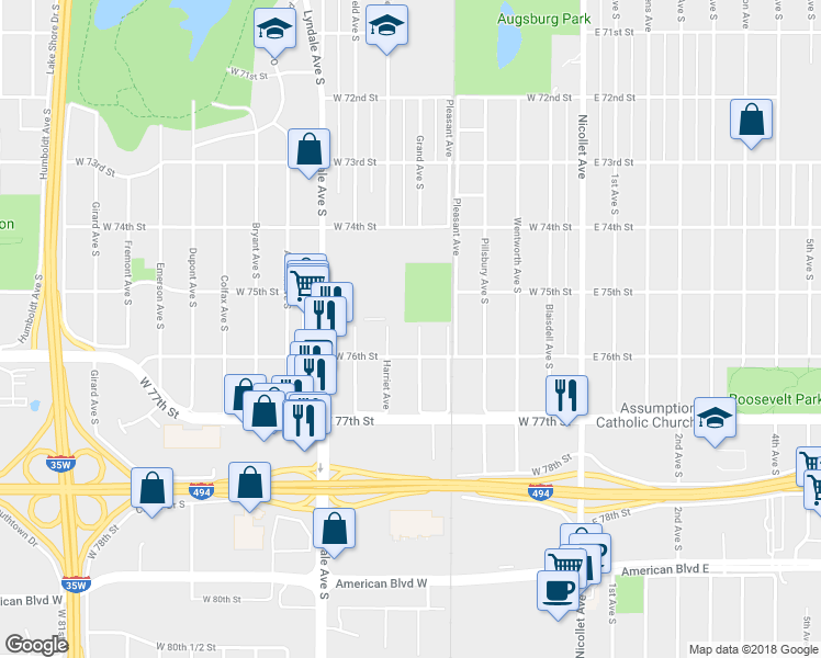 map of restaurants, bars, coffee shops, grocery stores, and more near 7526 Grand Avenue South in Minneapolis