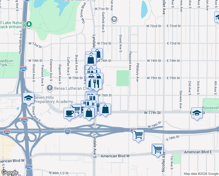 map of restaurants, bars, coffee shops, grocery stores, and more near 7526 Harriet Avenue in Minneapolis