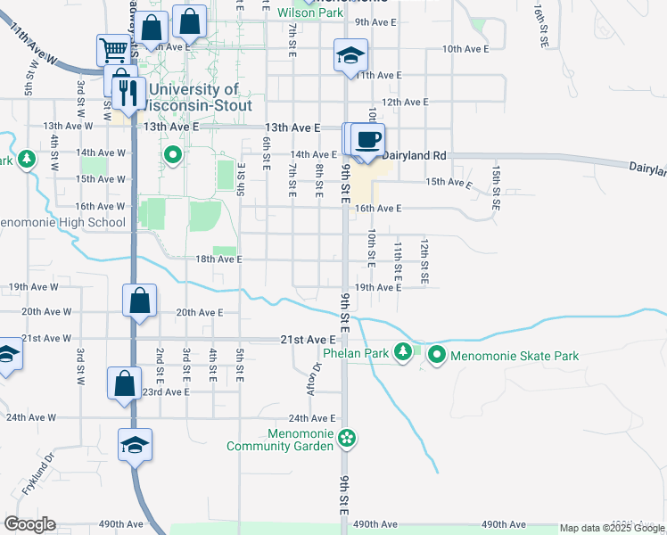 map of restaurants, bars, coffee shops, grocery stores, and more near 814 18th Avenue East in Menomonie