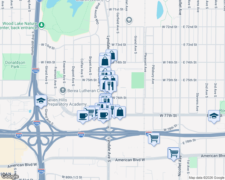 map of restaurants, bars, coffee shops, grocery stores, and more near 7529 Lyndale Avenue South in Richfield