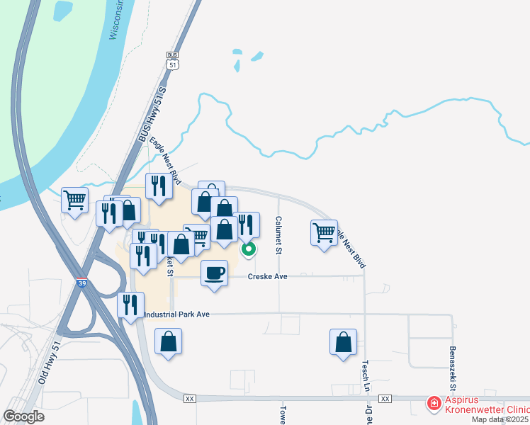 map of restaurants, bars, coffee shops, grocery stores, and more near 605 Eagle Nest Boulevard in Rothschild