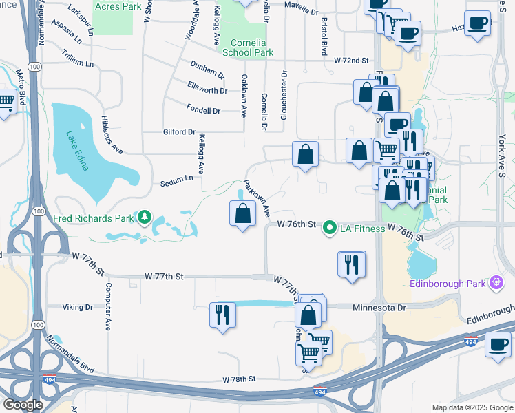 map of restaurants, bars, coffee shops, grocery stores, and more near in Edina
