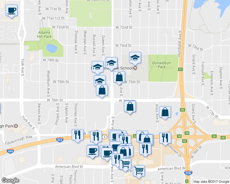map of restaurants, bars, coffee shops, grocery stores, and more near 7527 Penn Avenue South in Minneapolis