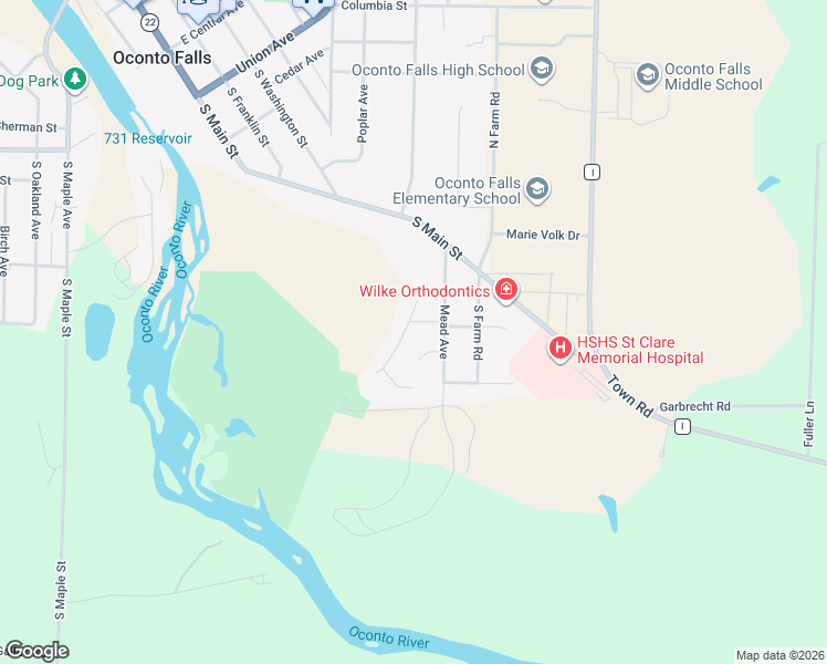 map of restaurants, bars, coffee shops, grocery stores, and more near 110 West Indianwood Drive in Oconto Falls