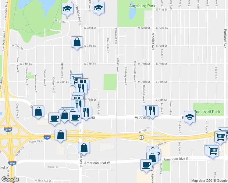 map of restaurants, bars, coffee shops, grocery stores, and more near 7526 Pleasant Avenue in Minneapolis