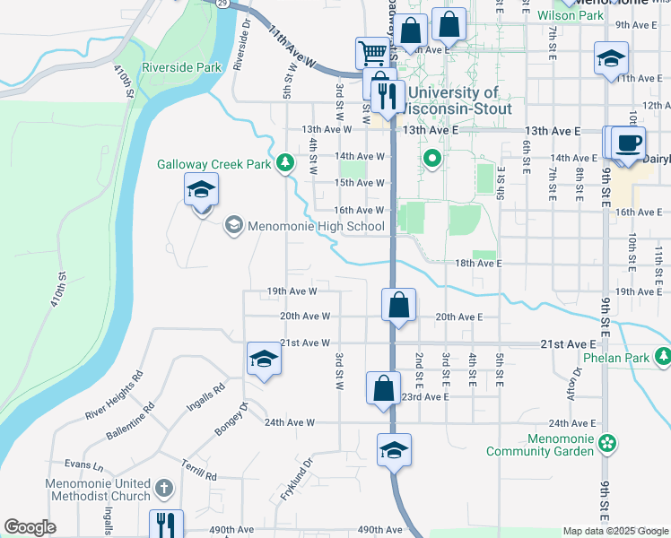 map of restaurants, bars, coffee shops, grocery stores, and more near 205 Galloway Court in Menomonie