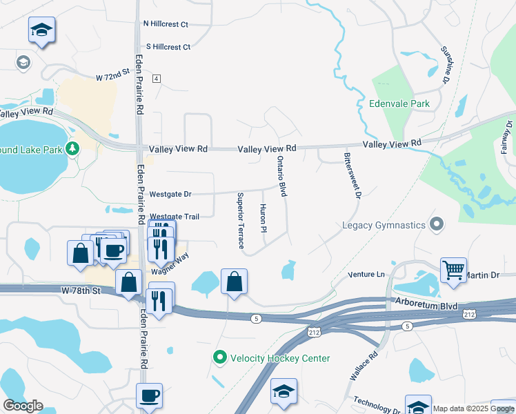 map of restaurants, bars, coffee shops, grocery stores, and more near 7532 Huron Place in Eden Prairie