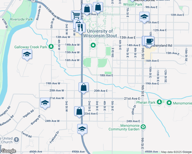 map of restaurants, bars, coffee shops, grocery stores, and more near 1803 3rd Street East in Menomonie