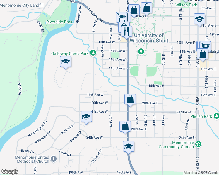 map of restaurants, bars, coffee shops, grocery stores, and more near 205 Galloway Court in Menomonie