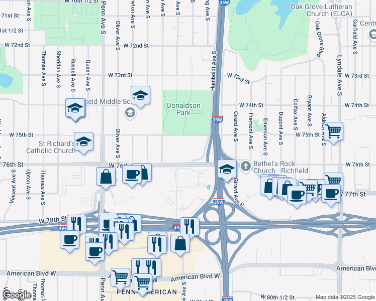 map of restaurants, bars, coffee shops, grocery stores, and more near 1700 West 76th Street in Richfield