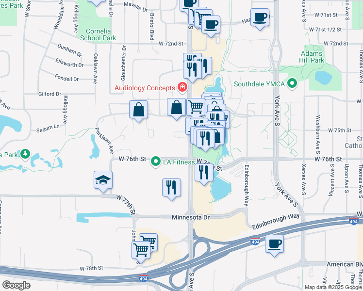 map of restaurants, bars, coffee shops, grocery stores, and more near 7550 France Ave S in Minneapolis