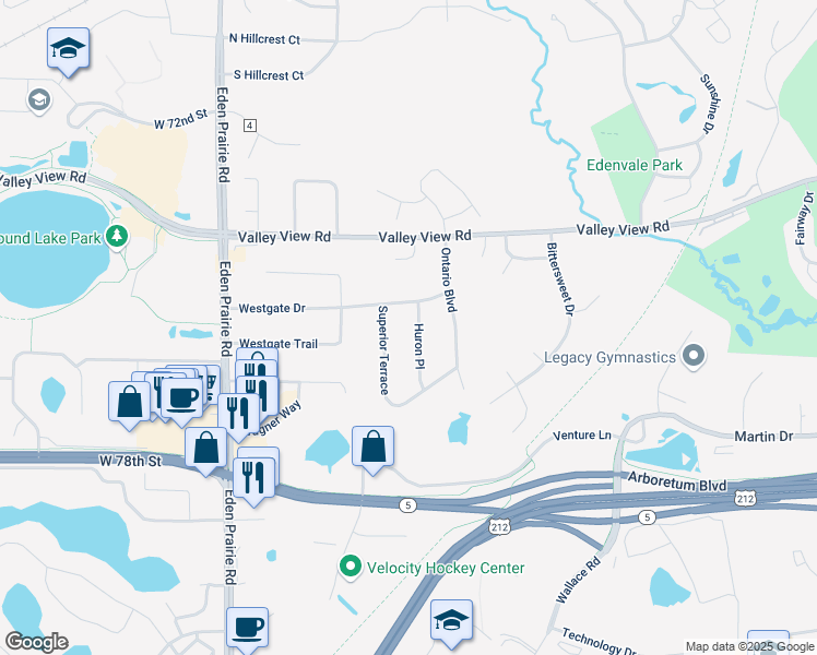 map of restaurants, bars, coffee shops, grocery stores, and more near 7532 Huron Place in Eden Prairie