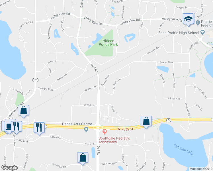 map of restaurants, bars, coffee shops, grocery stores, and more near 7642 Kimberly Lane in Eden Prairie