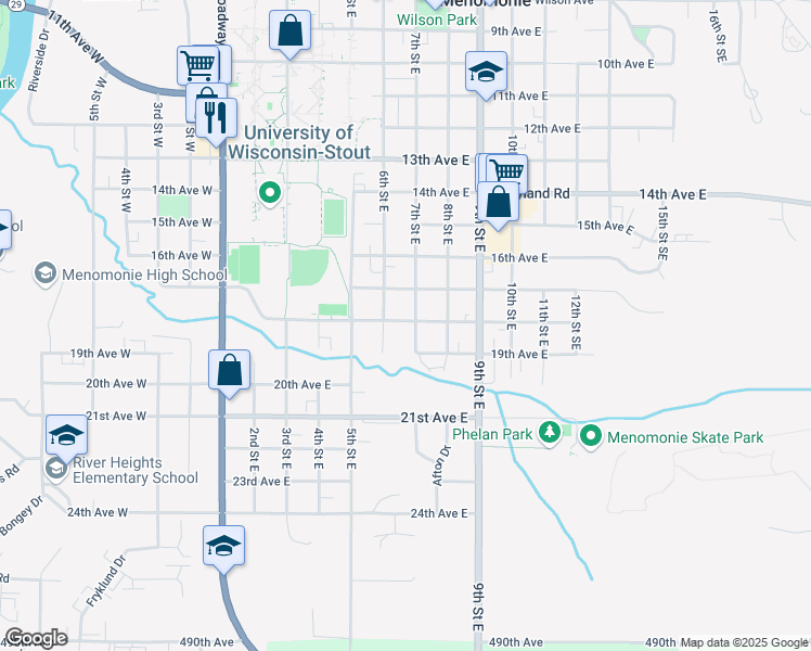 map of restaurants, bars, coffee shops, grocery stores, and more near 1802 6th Street East in Menomonie