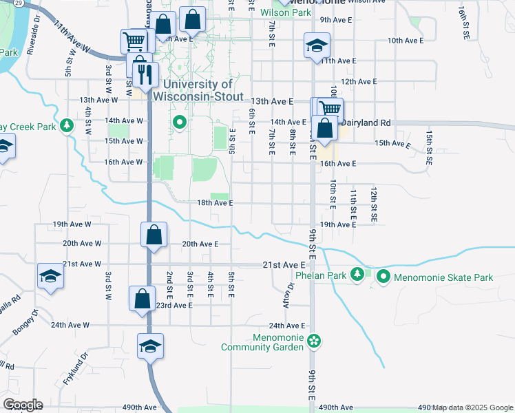 map of restaurants, bars, coffee shops, grocery stores, and more near 1802 6th Street East in Menomonie