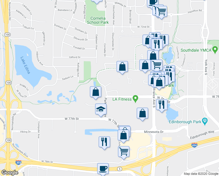 map of restaurants, bars, coffee shops, grocery stores, and more near in Edina