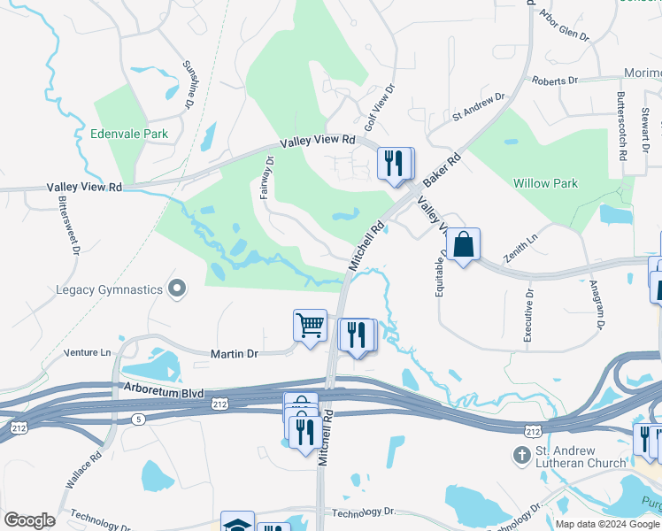 map of restaurants, bars, coffee shops, grocery stores, and more near 14305 Fairway Drive in Eden Prairie