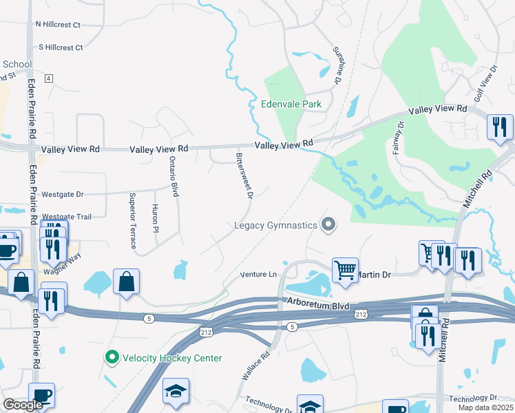 map of restaurants, bars, coffee shops, grocery stores, and more near 15245 Buchanan Court in Eden Prairie