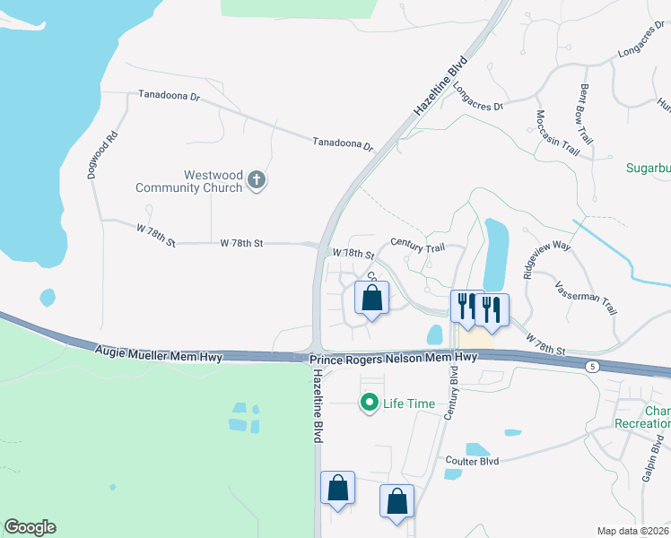 map of restaurants, bars, coffee shops, grocery stores, and more near 7642 Arboretum Village Place in Chanhassen