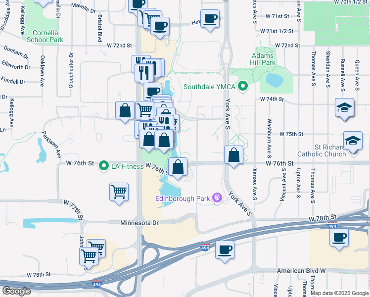 map of restaurants, bars, coffee shops, grocery stores, and more near 7500 Edinborough Way in Edina