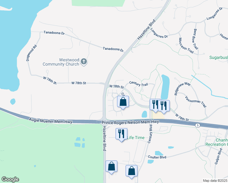 map of restaurants, bars, coffee shops, grocery stores, and more near 7643 Arboretum Village Place in Chanhassen