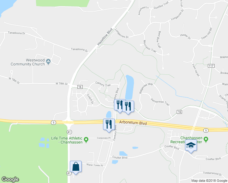 map of restaurants, bars, coffee shops, grocery stores, and more near 7652 Century Boulevard in Chanhassen