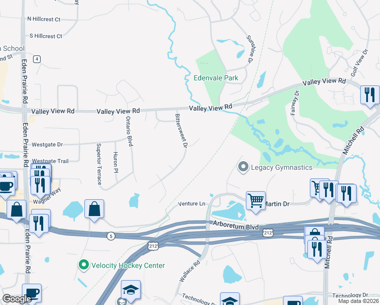 map of restaurants, bars, coffee shops, grocery stores, and more near 15245 Buchanan Court in Eden Prairie