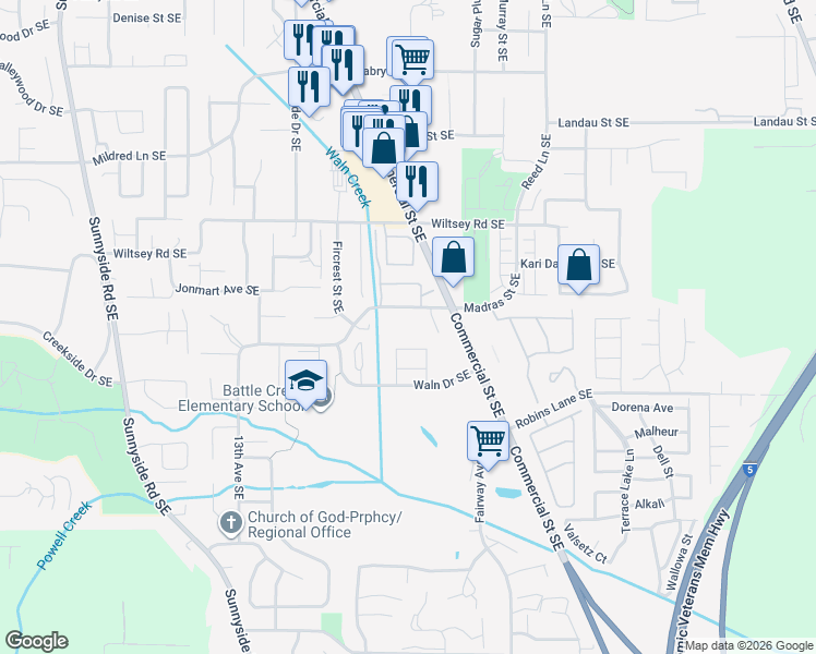 map of restaurants, bars, coffee shops, grocery stores, and more near 1690 Madras Street Southeast in Salem