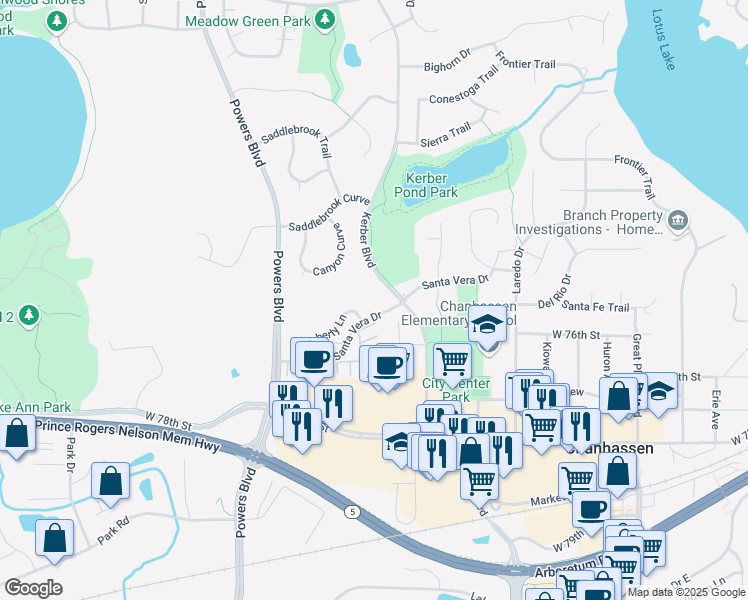 map of restaurants, bars, coffee shops, grocery stores, and more near 820 Santa Vera Drive in Chanhassen