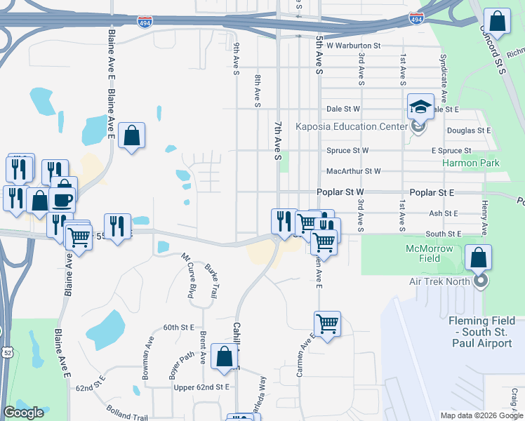map of restaurants, bars, coffee shops, grocery stores, and more near 1427 8th Avenue South in South Saint Paul